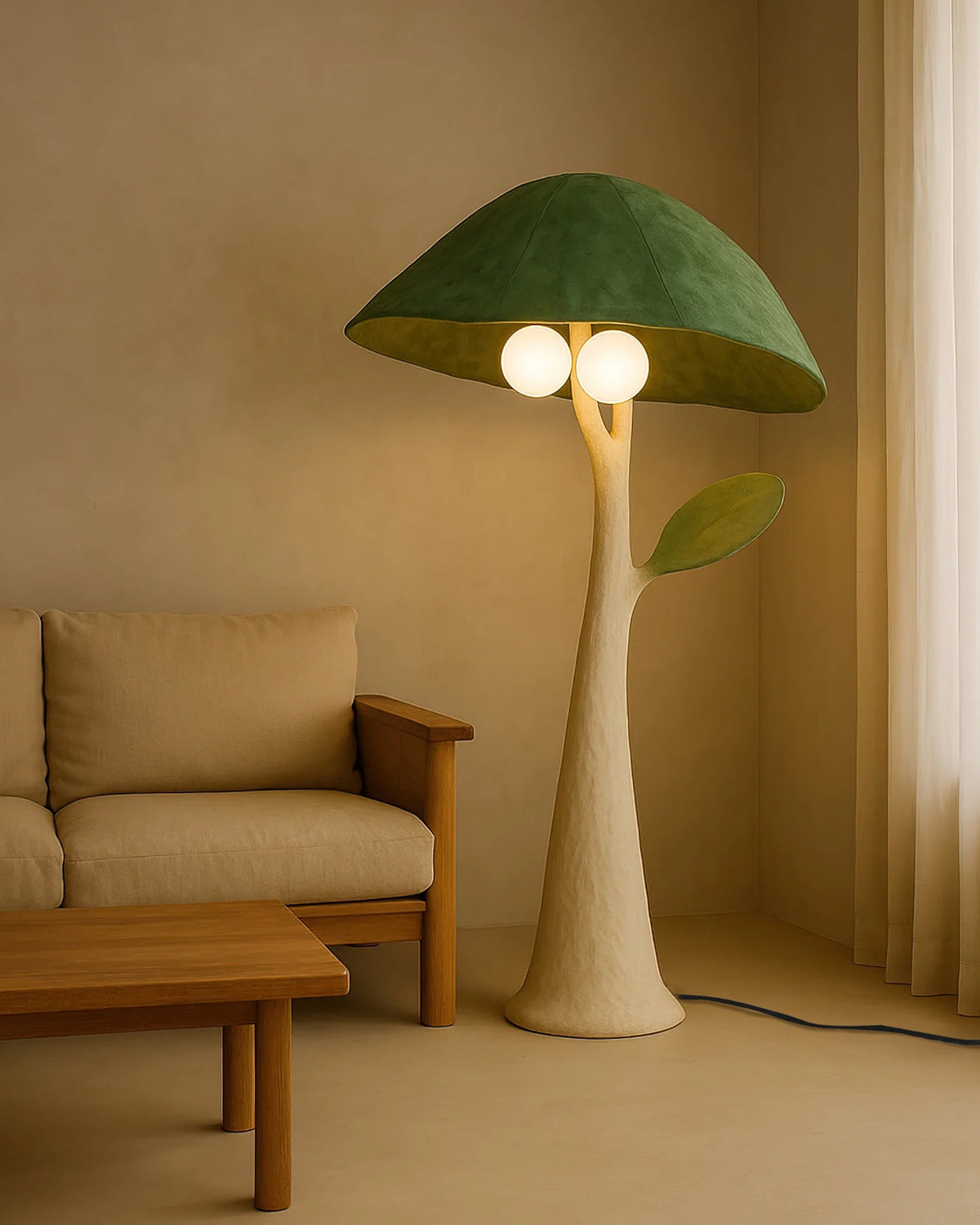 Detail shot of the beige glass shade, unlit.