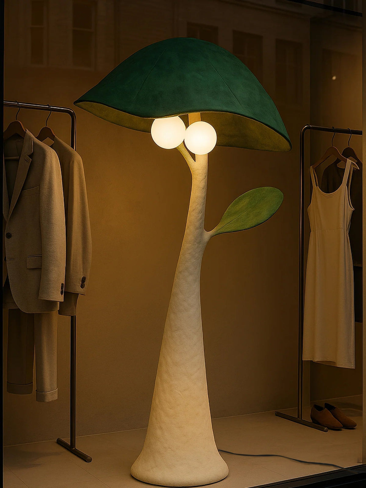 The Soloma Floor Lamp illuminated at night, casting a warm glow.