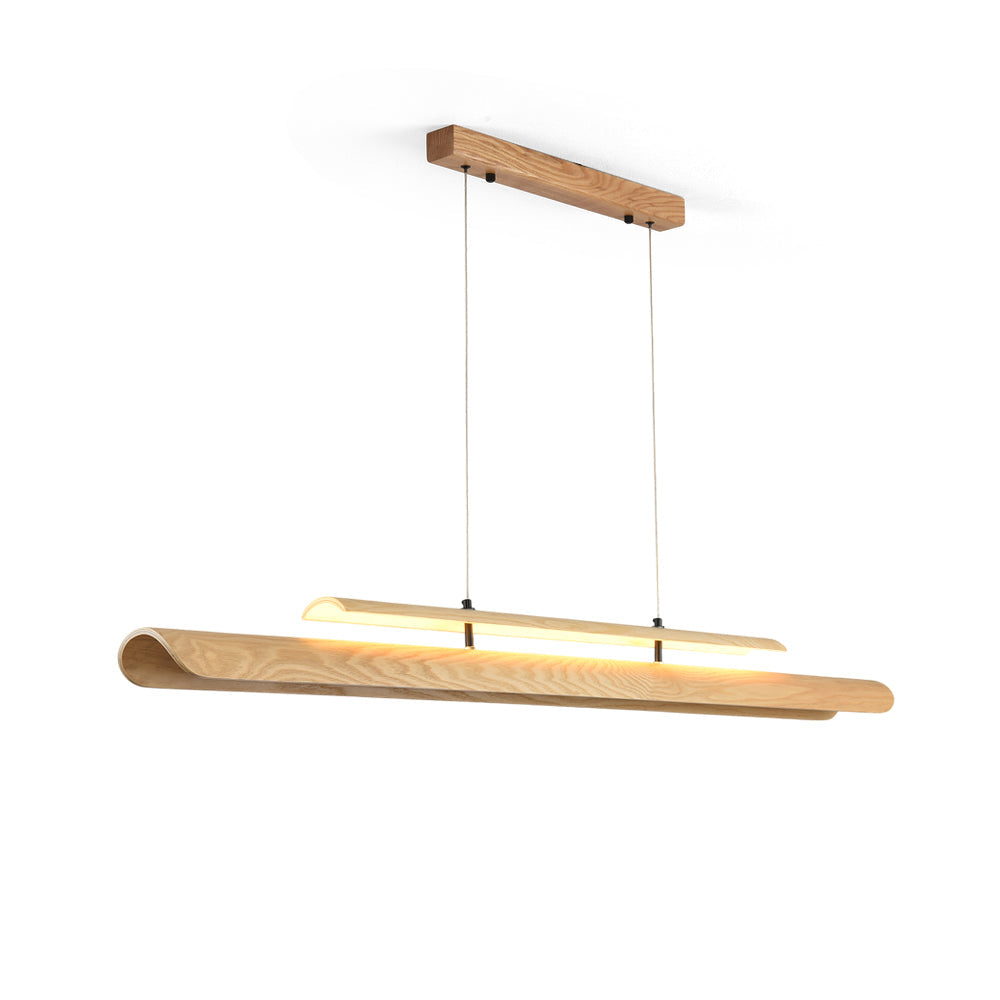 Sora Linear Chandelier in walnut wood finish, front view.