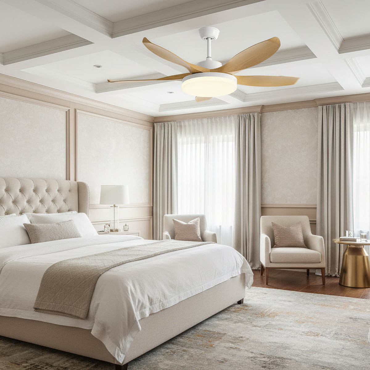 Close-up of the Splenda Ceiling Fan Light showing the wood-finish blades and central light.