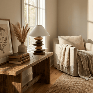 Stacked Pebble Wood Table Lamp-Neutral Decor