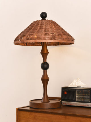 Miran Lampe de Table en Bois Et Rotin Vintage