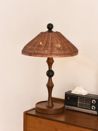 Miran Lampe de Table en Bois Et Rotin Vintage