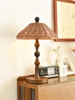 Miran Lampe de Table en Bois Et Rotin Vintage