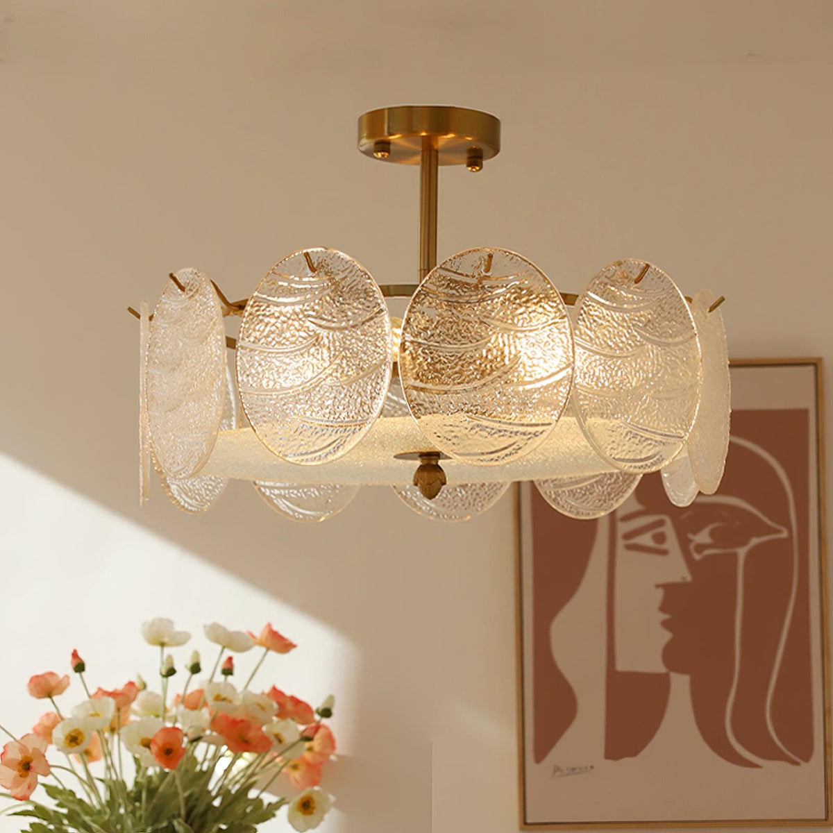 Feline Lampe De Plafond Avec Finition Dorée Et Verre Strié