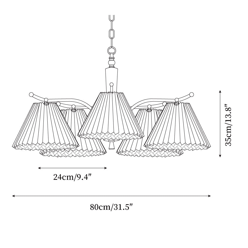 Chandelier Pleated Fabric Shades Walnut Brass Arms Warm Retro-Neutral Decor