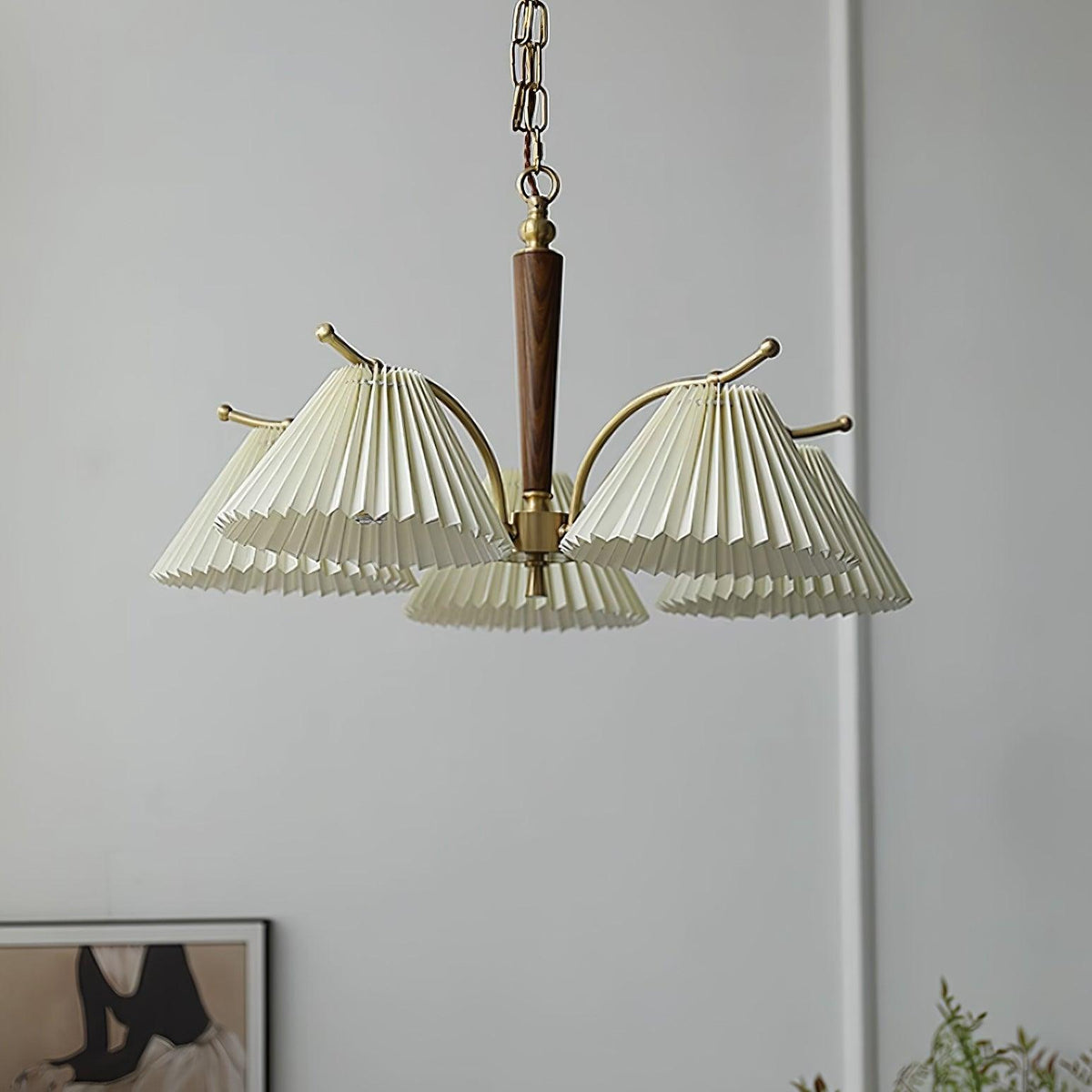 Chandelier Pleated Fabric Shades Walnut Brass Arms Warm Retro-Neutral Decor
