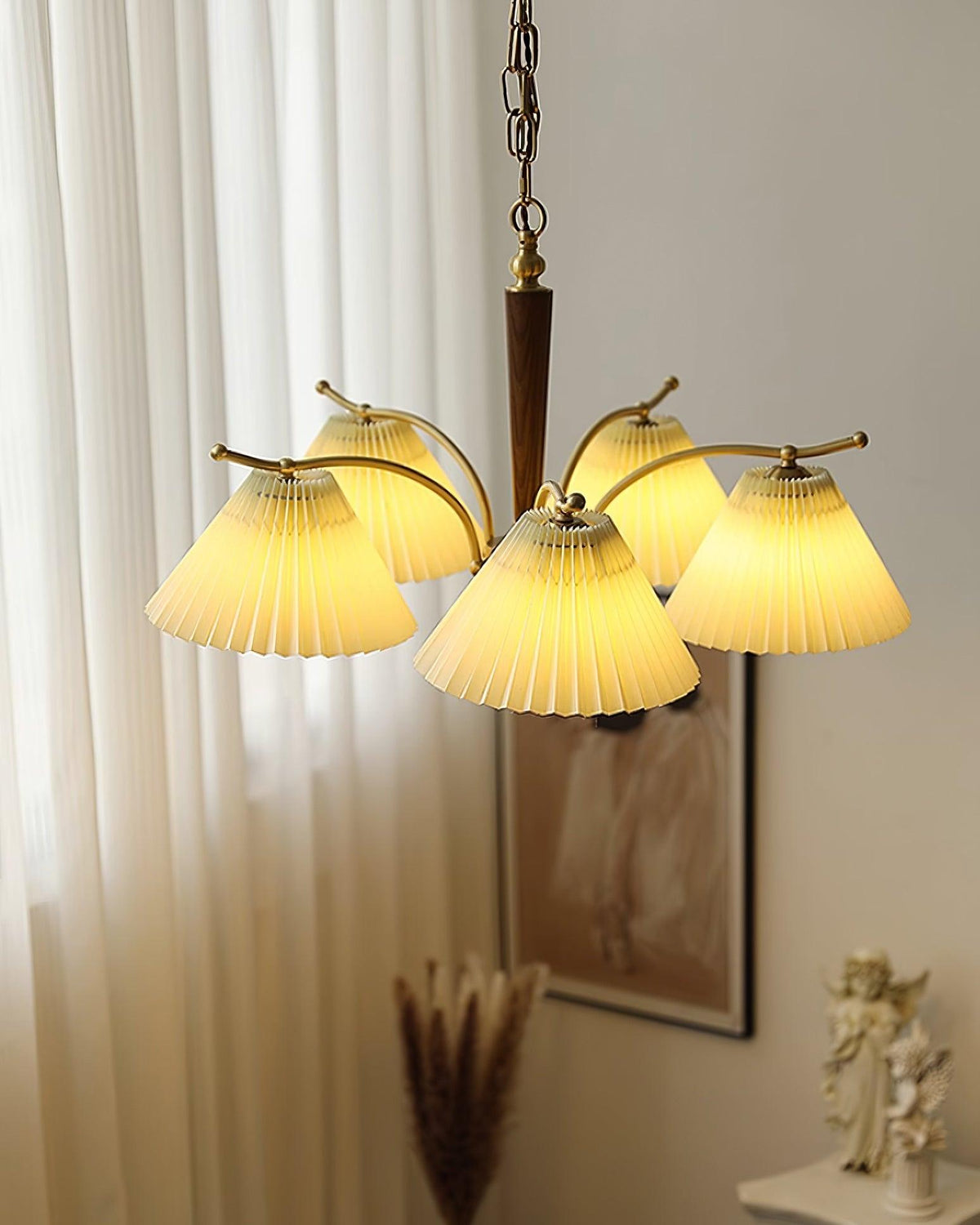 Chandelier Pleated Fabric Shades Walnut Brass Arms Warm Retro-Neutral Decor
