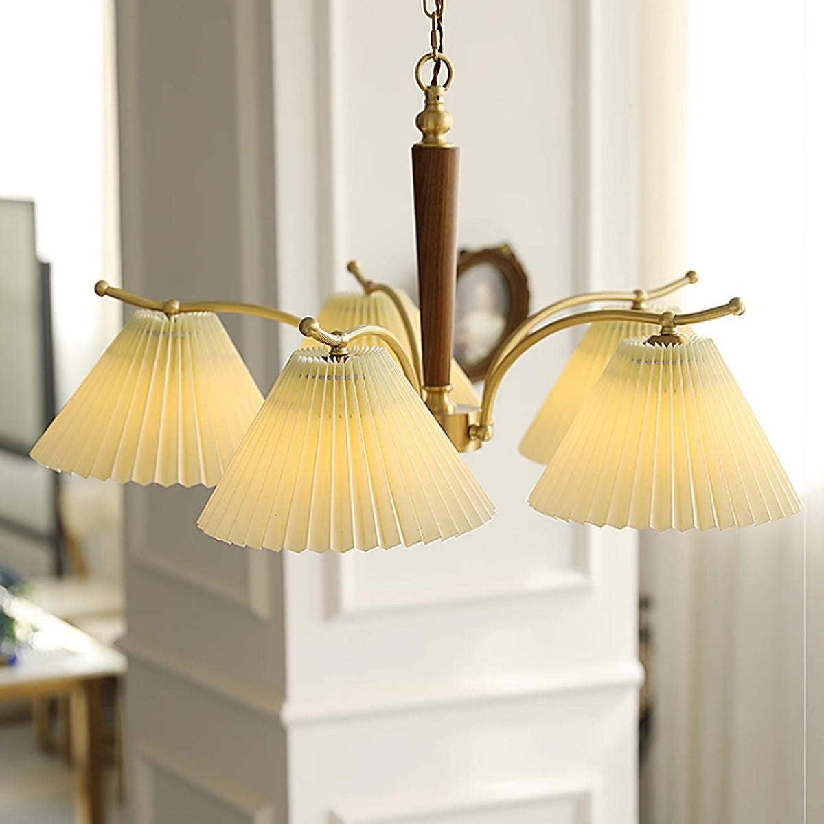 Chandelier Pleated Fabric Shades Walnut Brass Arms Warm Retro-Neutral Decor