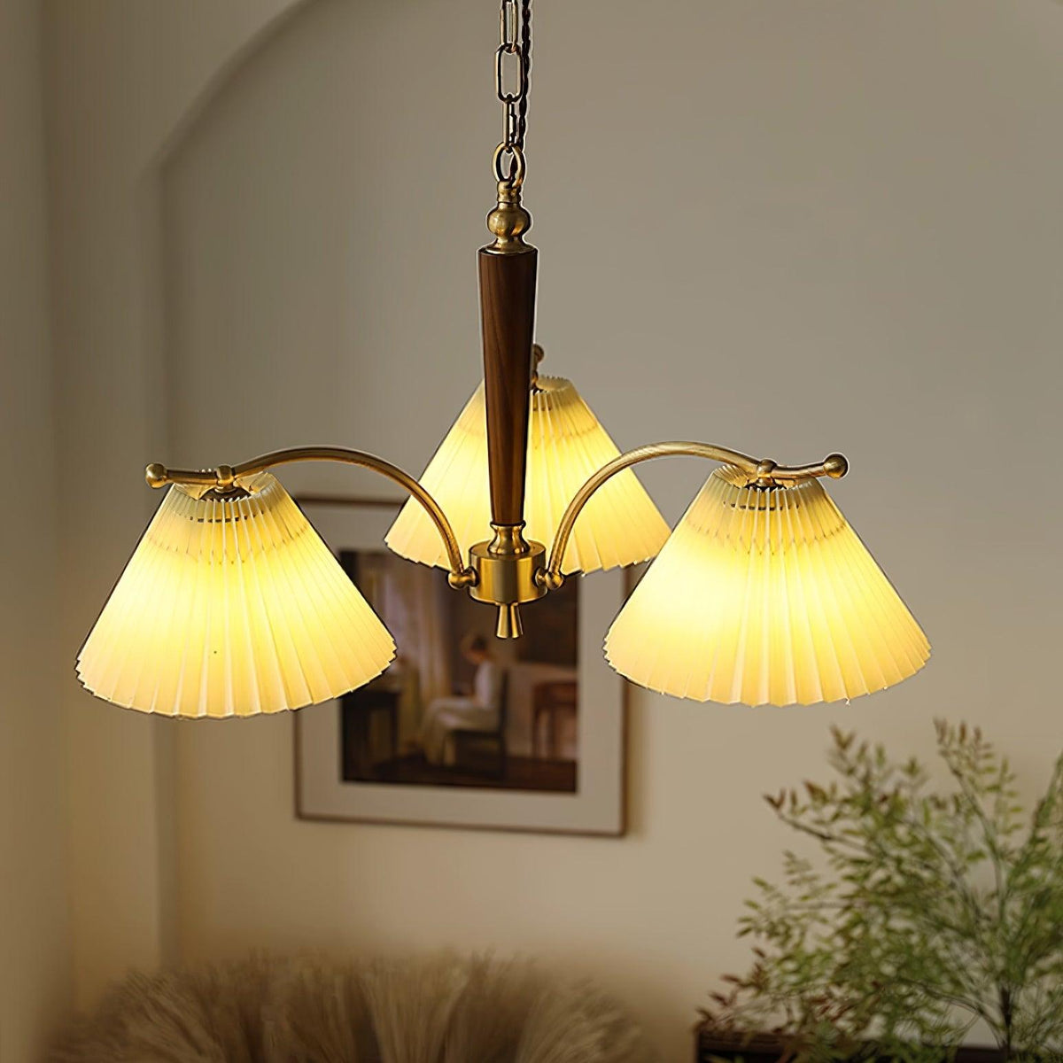 Chandelier Pleated Fabric Shades Walnut Brass Arms Warm Retro-Neutral Decor