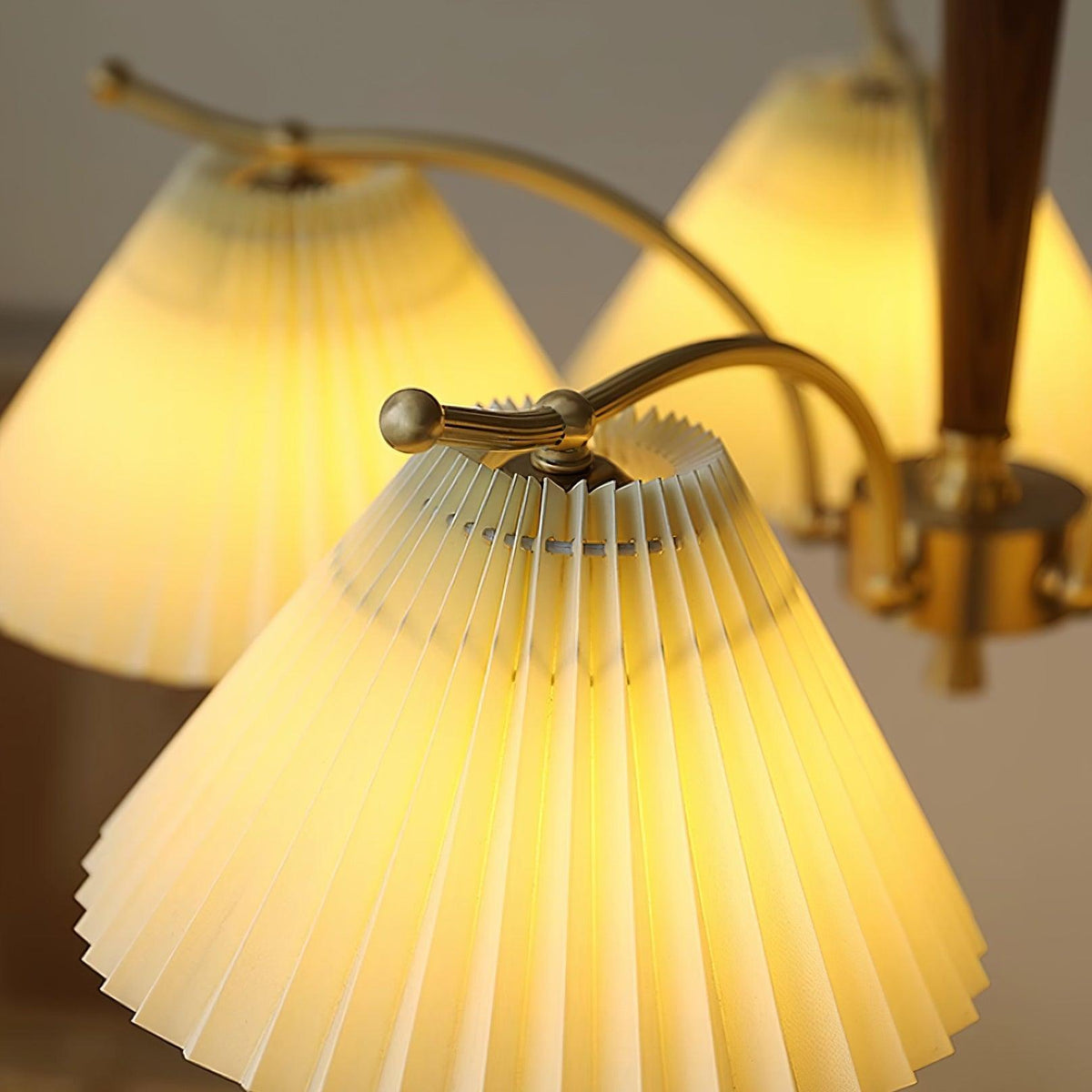 Chandelier Pleated Fabric Shades Walnut Brass Arms Warm Retro-Neutral Decor