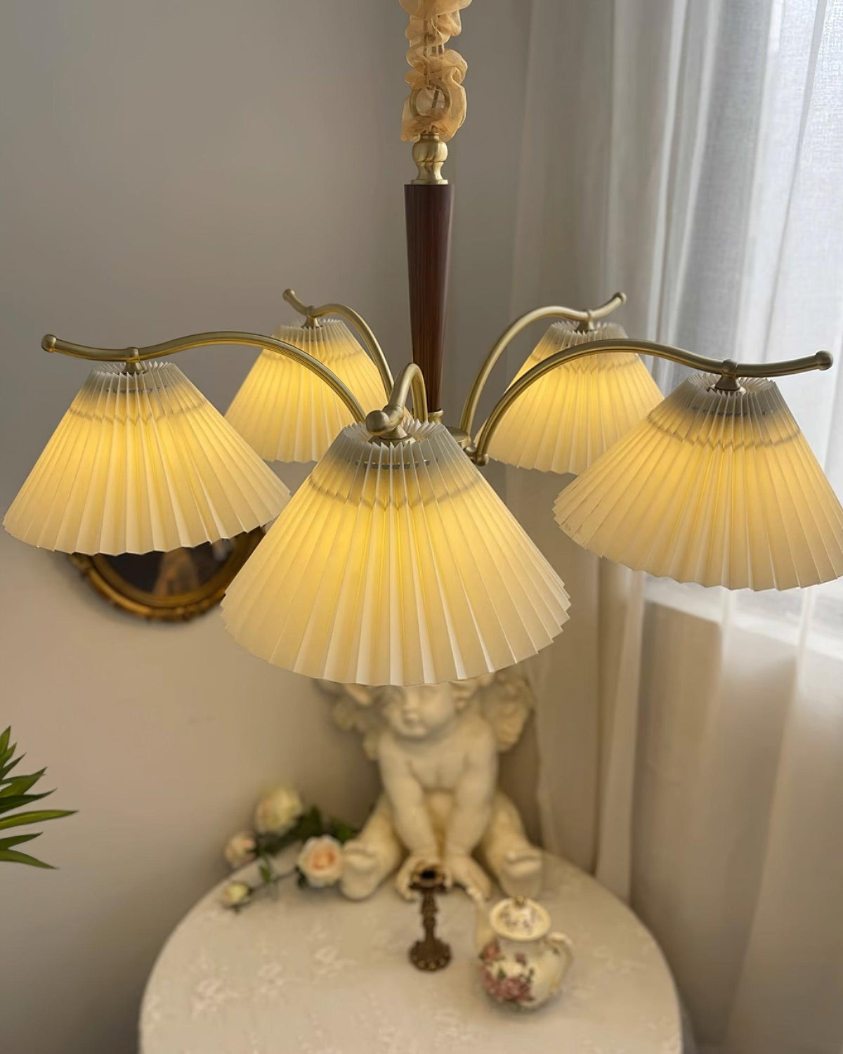 Chandelier Pleated Fabric Shades Walnut Brass Arms Warm Retro-Neutral Decor