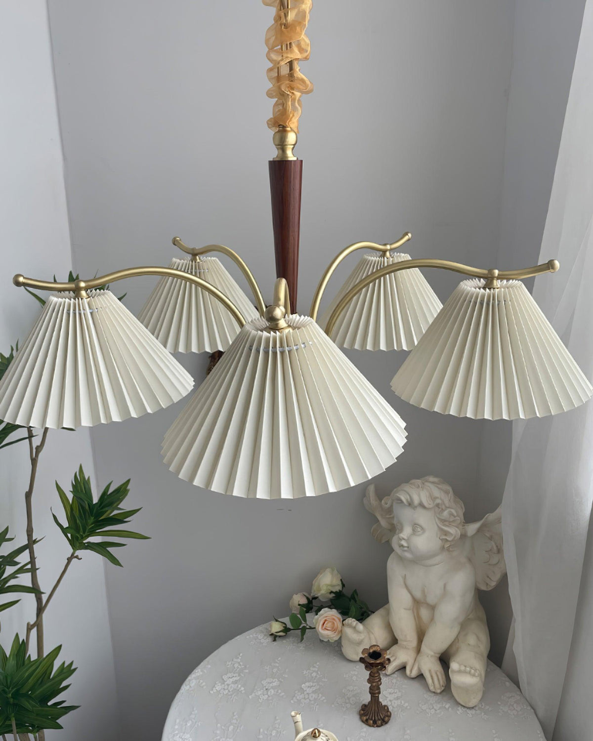 Chandelier Pleated Fabric Shades Walnut Brass Arms Warm Retro-Neutral Decor