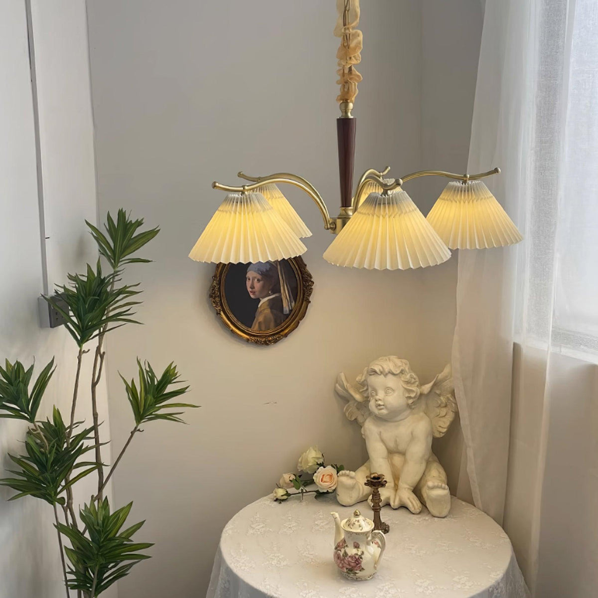 Chandelier Pleated Fabric Shades Walnut Brass Arms Warm Retro-Neutral Decor
