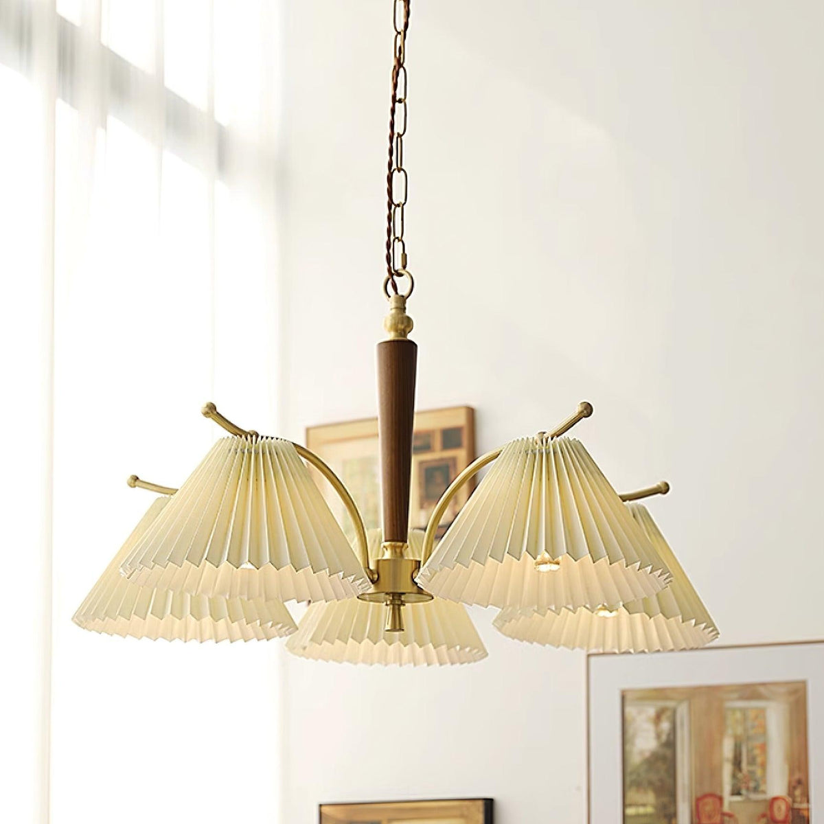 Chandelier Pleated Fabric Shades Walnut Brass Arms Warm Retro-Neutral Decor