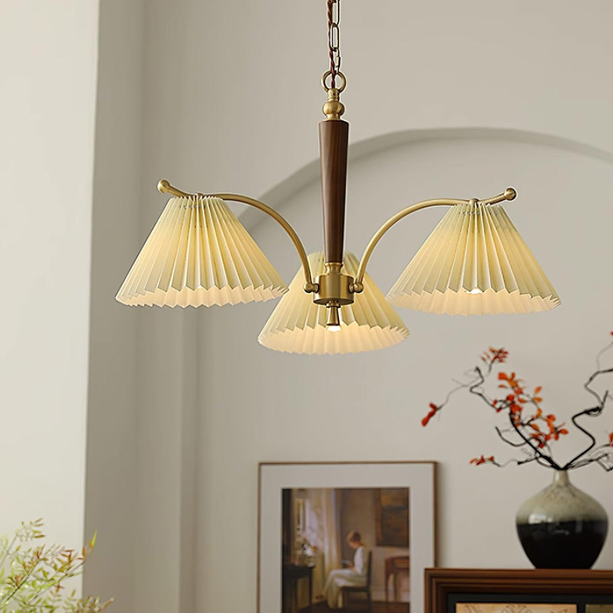 Chandelier Pleated Fabric Shades Walnut Brass Arms Warm Retro-Neutral Decor