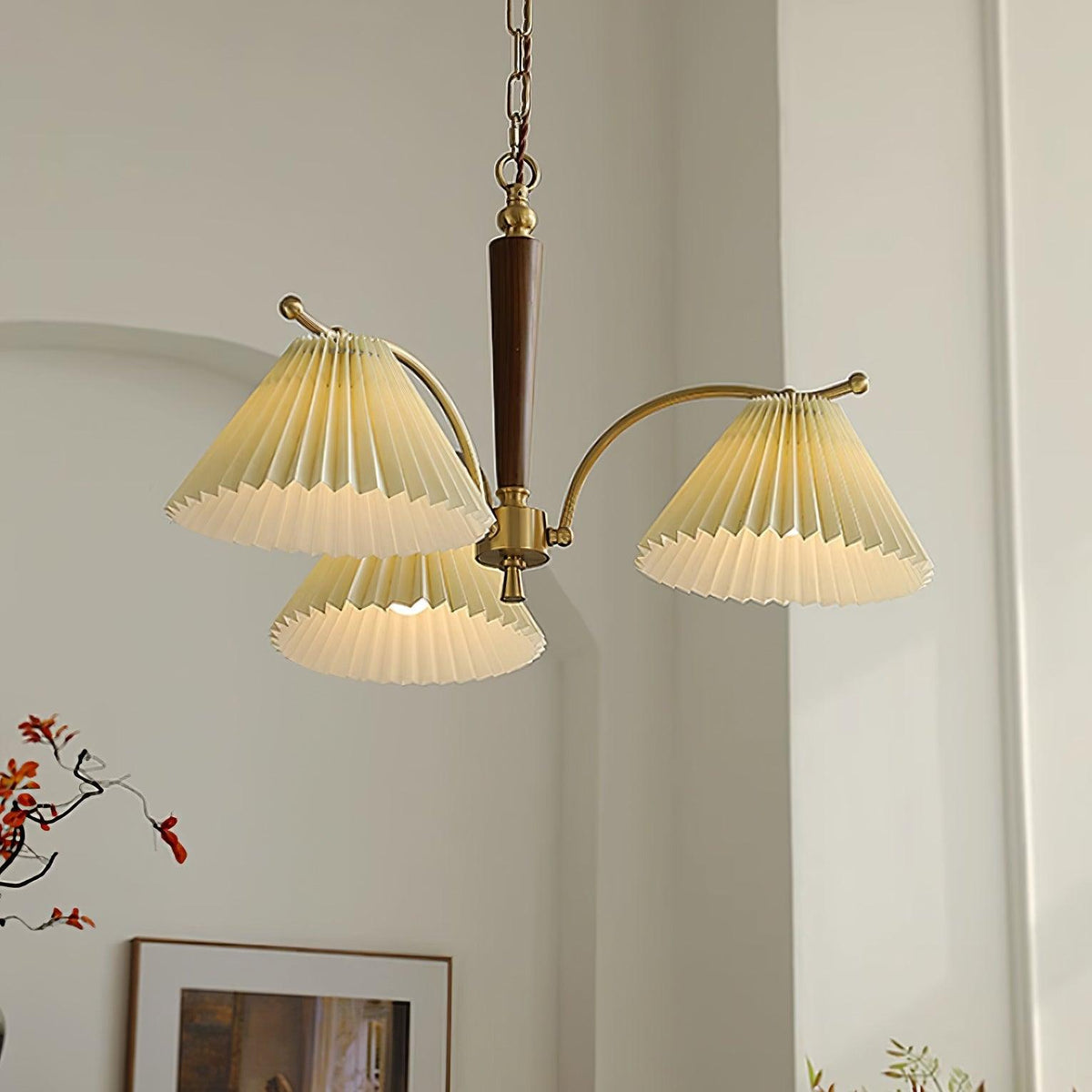Chandelier Pleated Fabric Shades Walnut Brass Arms Warm Retro-Neutral Decor