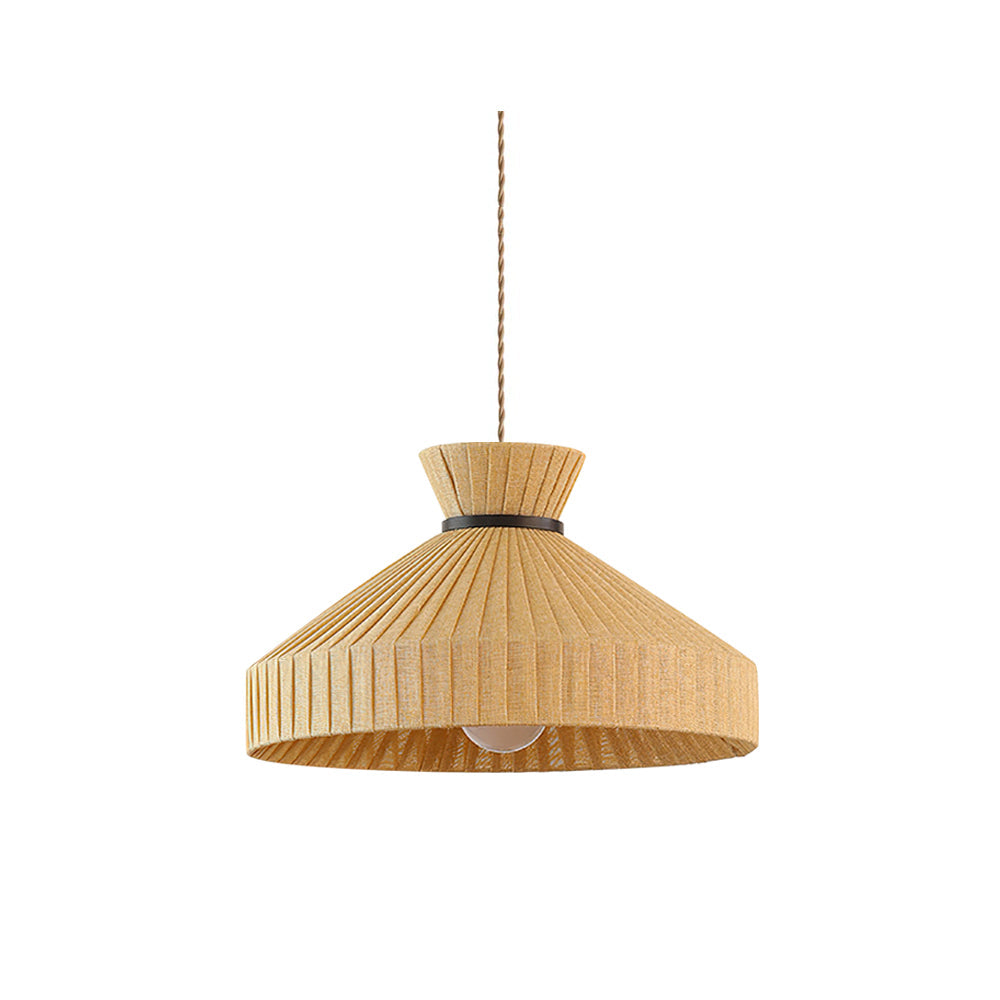 Surora Pendant Light with a light brown pleated fabric shade and black fixture.