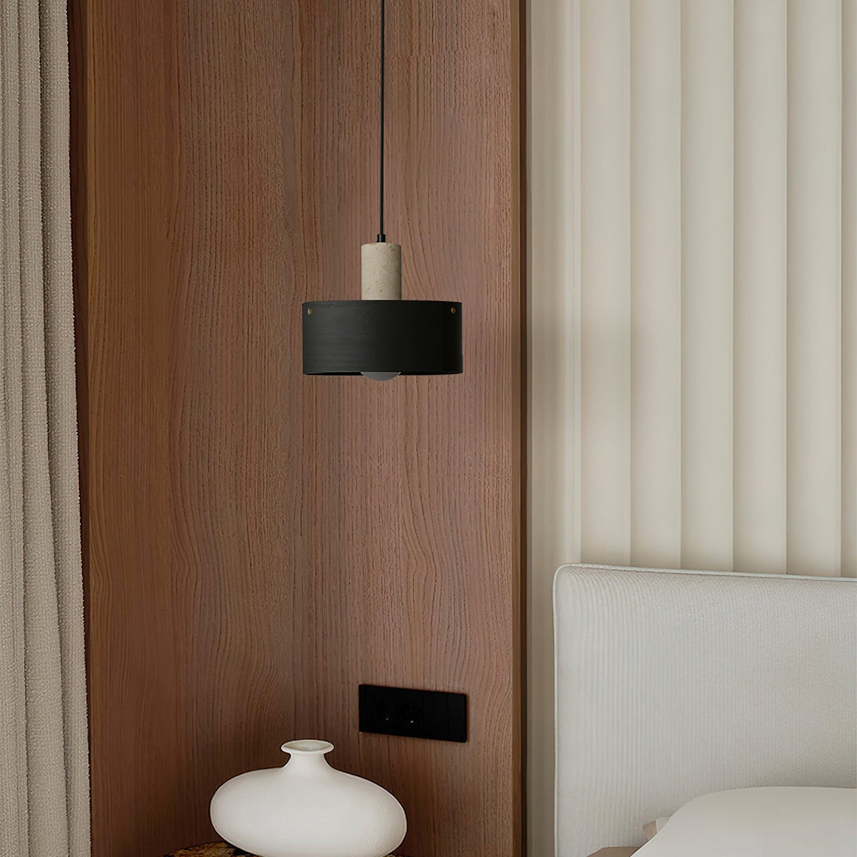 Tako Pendant Lamp shown in the wood and beige color option.
