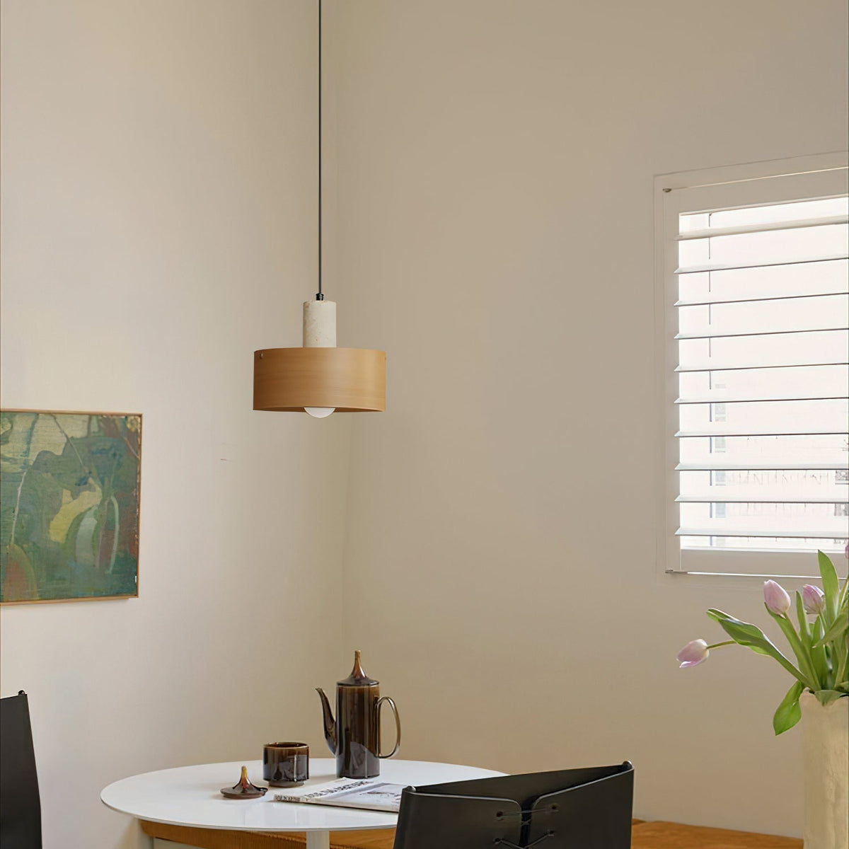 Detail shot of the dark wood-finish shade on the Tako Pendant Lamp.