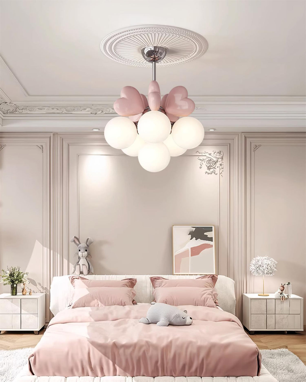 Chandelier Heart Accents Globe Shades Playful Modern Kids Room-Neutral Decor