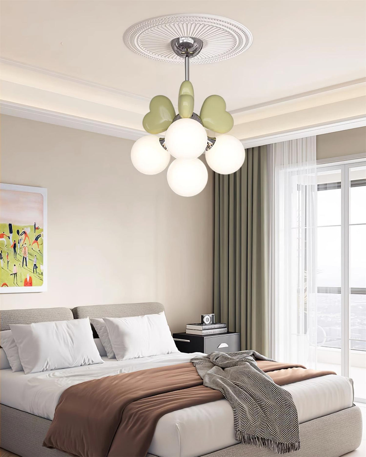 Chandelier Heart Accents Globe Shades Playful Modern Kids Room-Neutral Decor