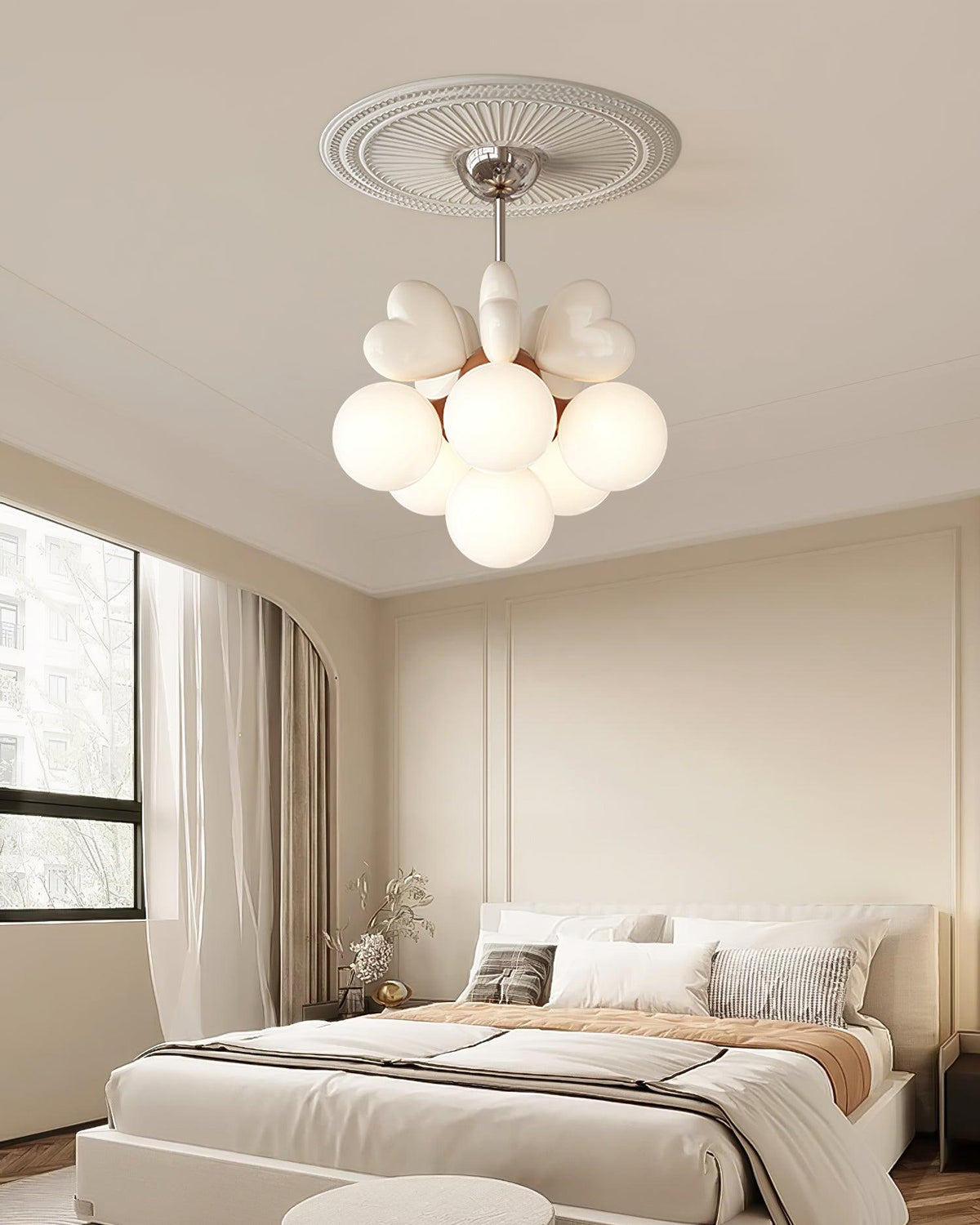Chandelier Heart Accents Globe Shades Playful Modern Kids Room-Neutral Decor
