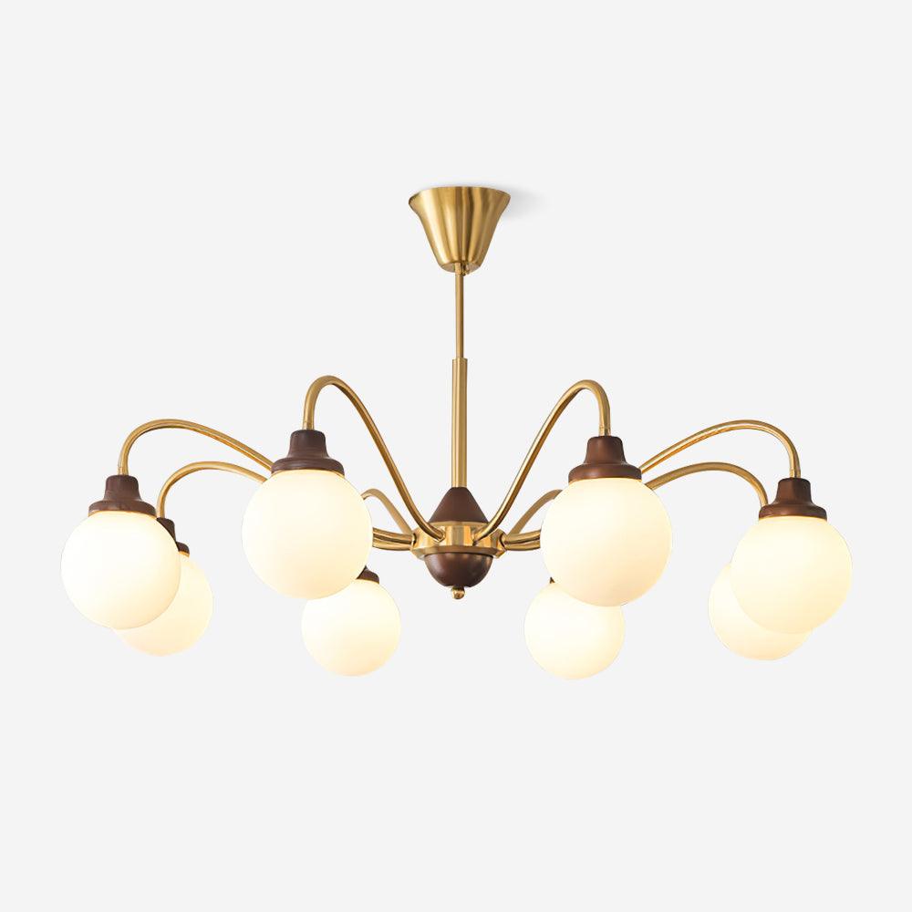 Chandelier Gold Arms&Ash Wood White Glass Globes Retro-Neutral Decor