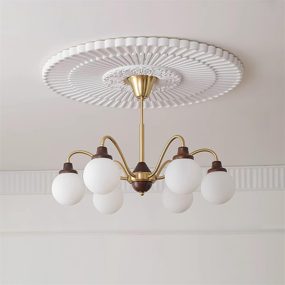 Chandelier Gold Arms&Ash Wood White Glass Globes Retro-Neutral Decor