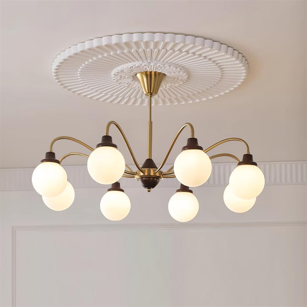 Chandelier Gold Arms&Ash Wood White Glass Globes Retro-Neutral Decor