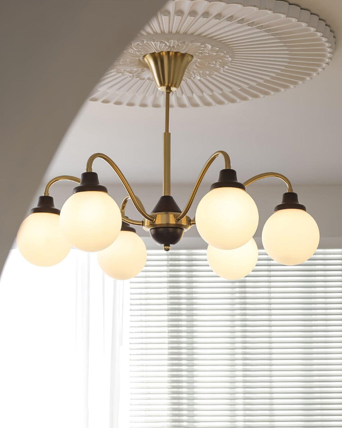 Chandelier Gold Arms&Ash Wood White Glass Globes Retro-Neutral Decor