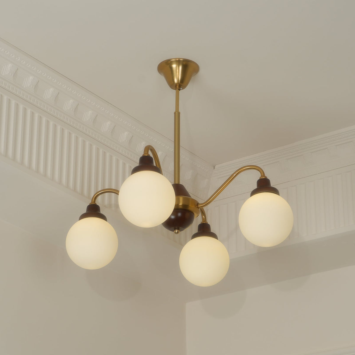 Chandelier Gold Arms&Ash Wood White Glass Globes Retro-Neutral Decor