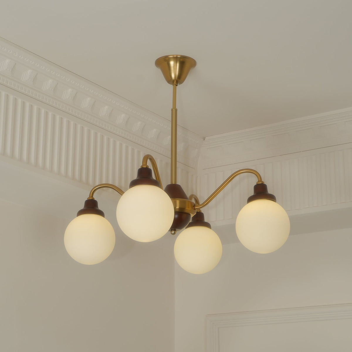 Chandelier Gold Arms&Ash Wood White Glass Globes Retro-Neutral Decor