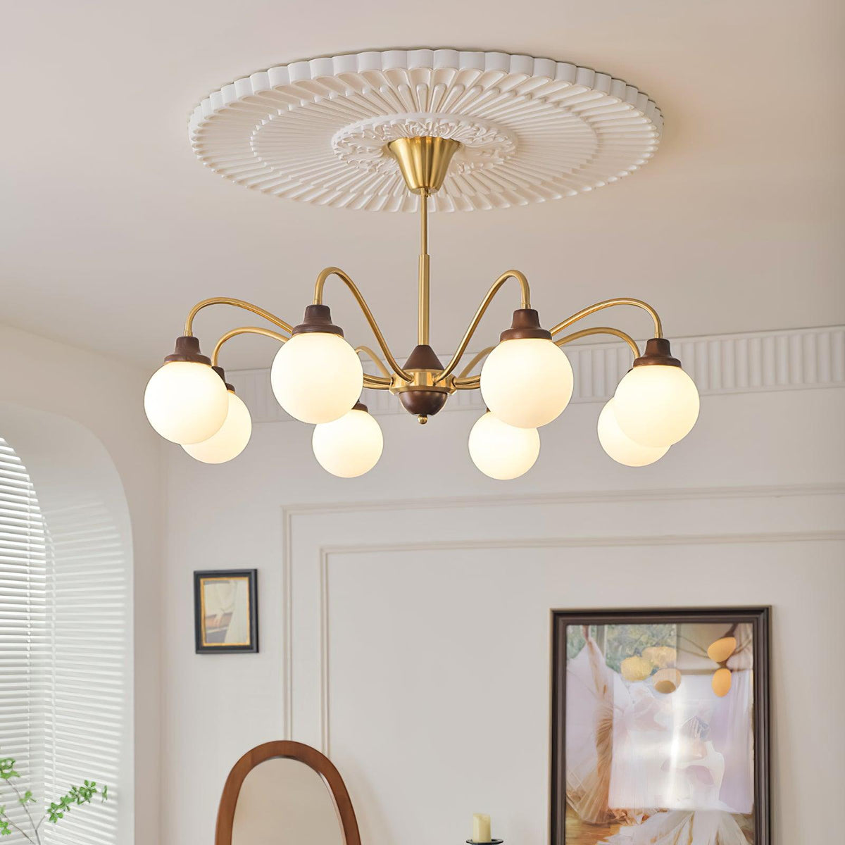 Chandelier Gold Arms&Ash Wood White Glass Globes Retro-Neutral Decor