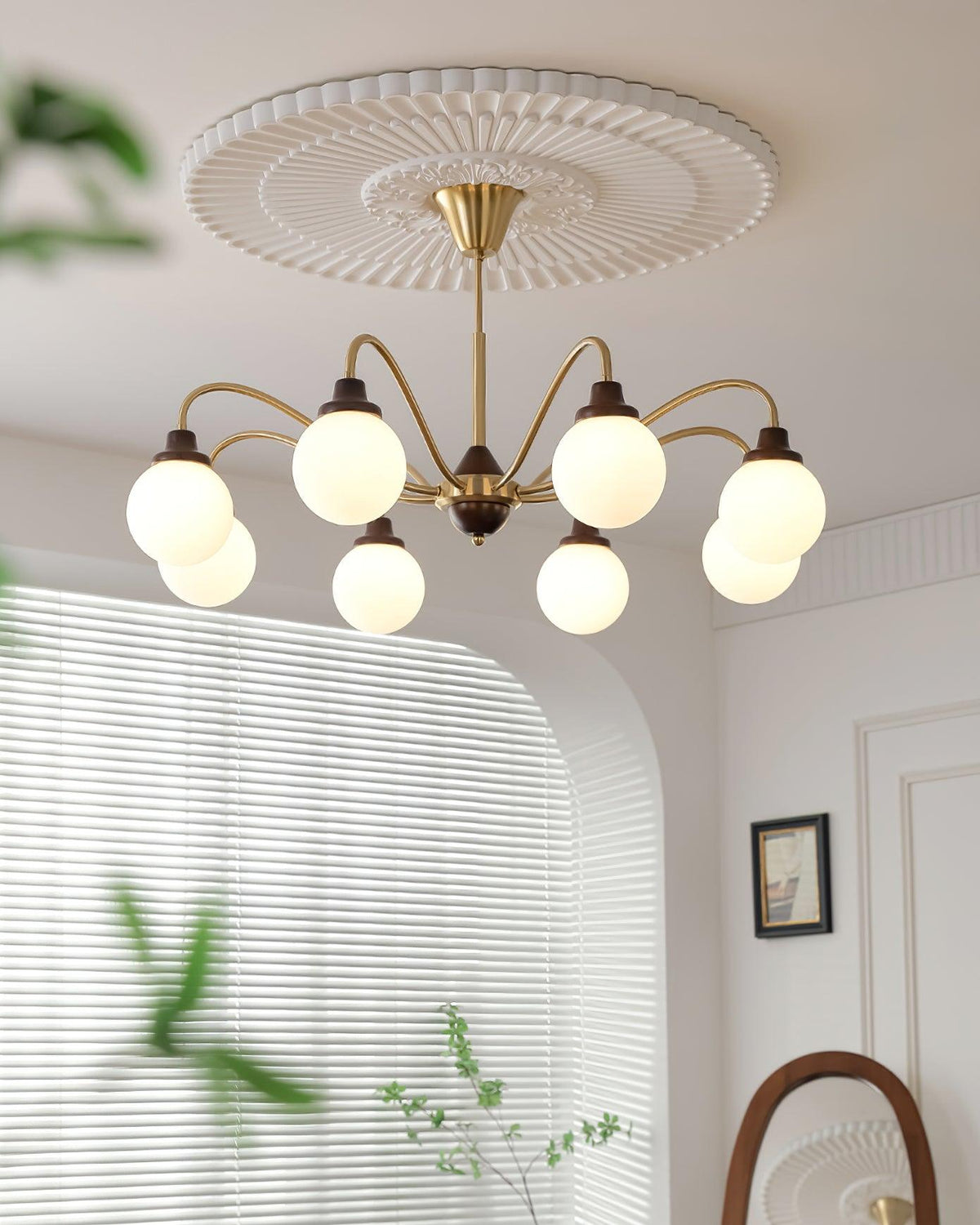 Chandelier Gold Arms&Ash Wood White Glass Globes Retro-Neutral Decor