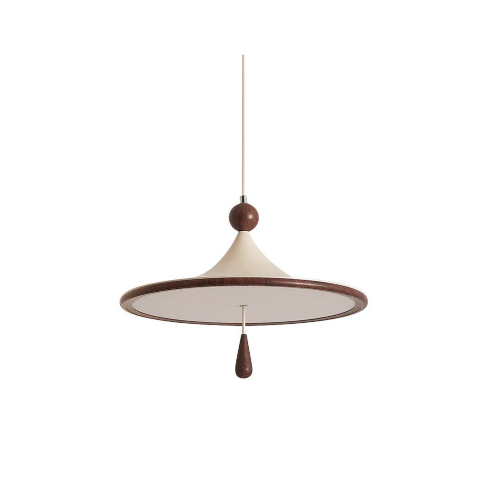 Tomaso Pendant Light with a beige conical shade and walnut-colored top.