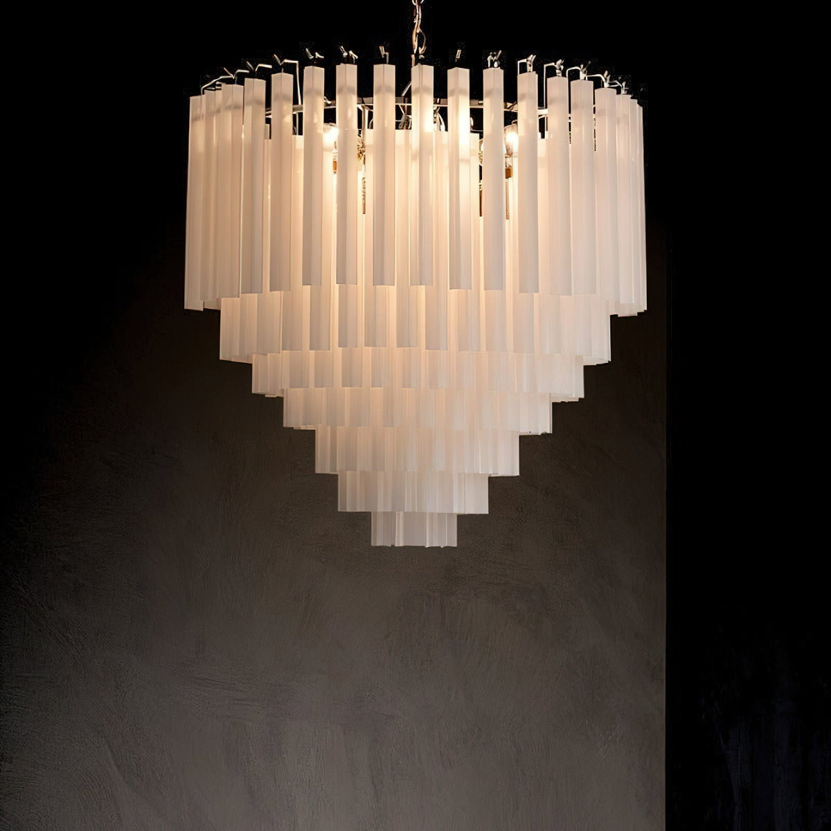 The 80cm Triedra Cascade Chandelier in a double-height great room.