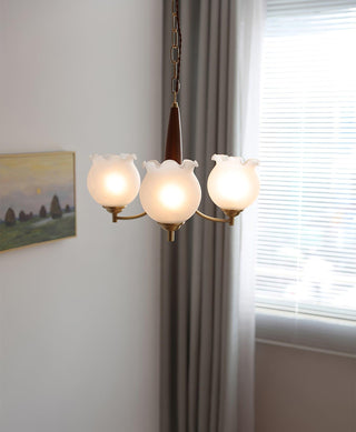 Lustra Lustre en Verre, Bois et Laiton Vintage