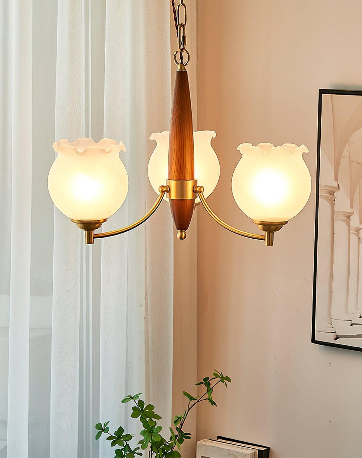 Lysilia Lustre en Verre, Bois et Laiton Vintage