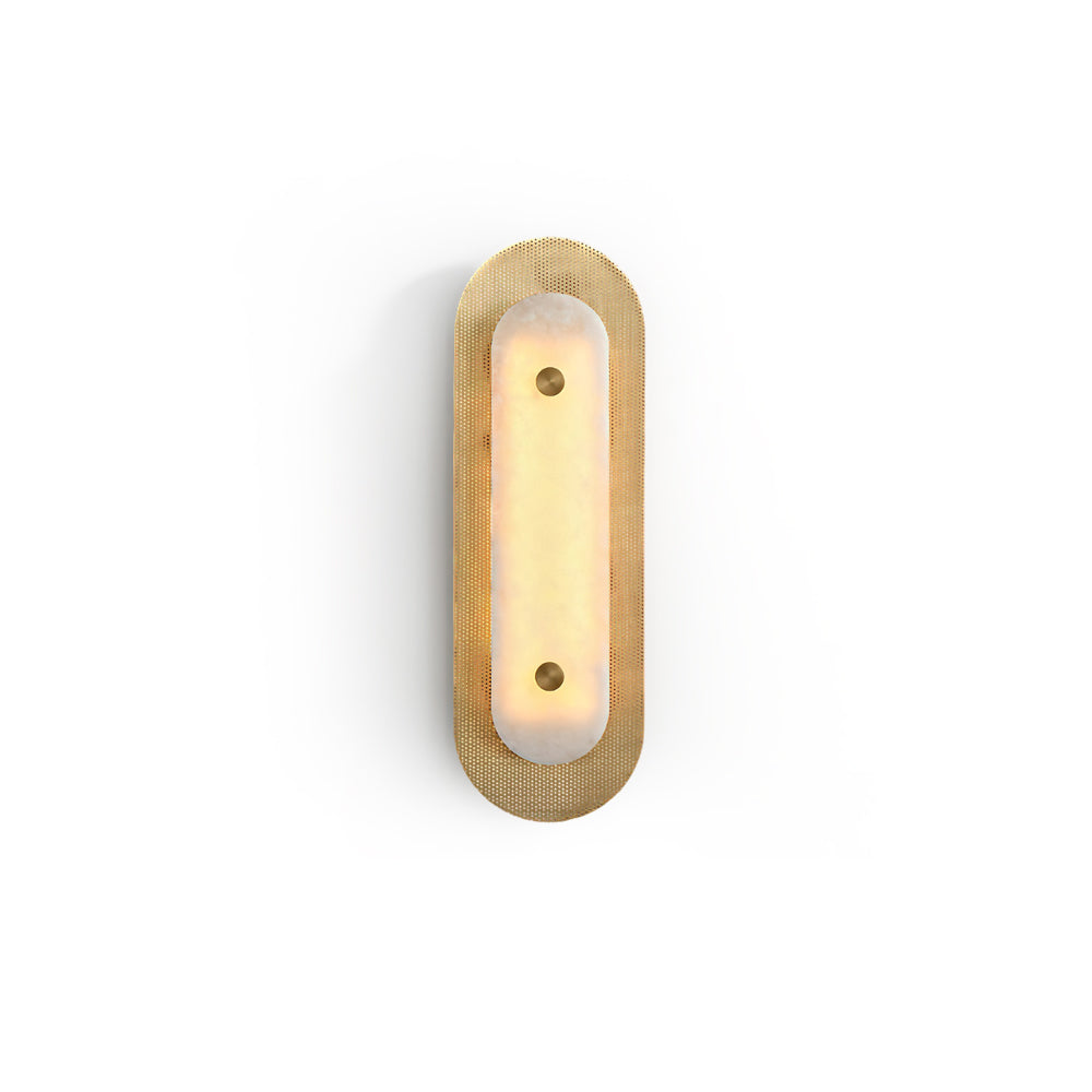 Vance Alabaster Wall Lamp with a gold metal frame.