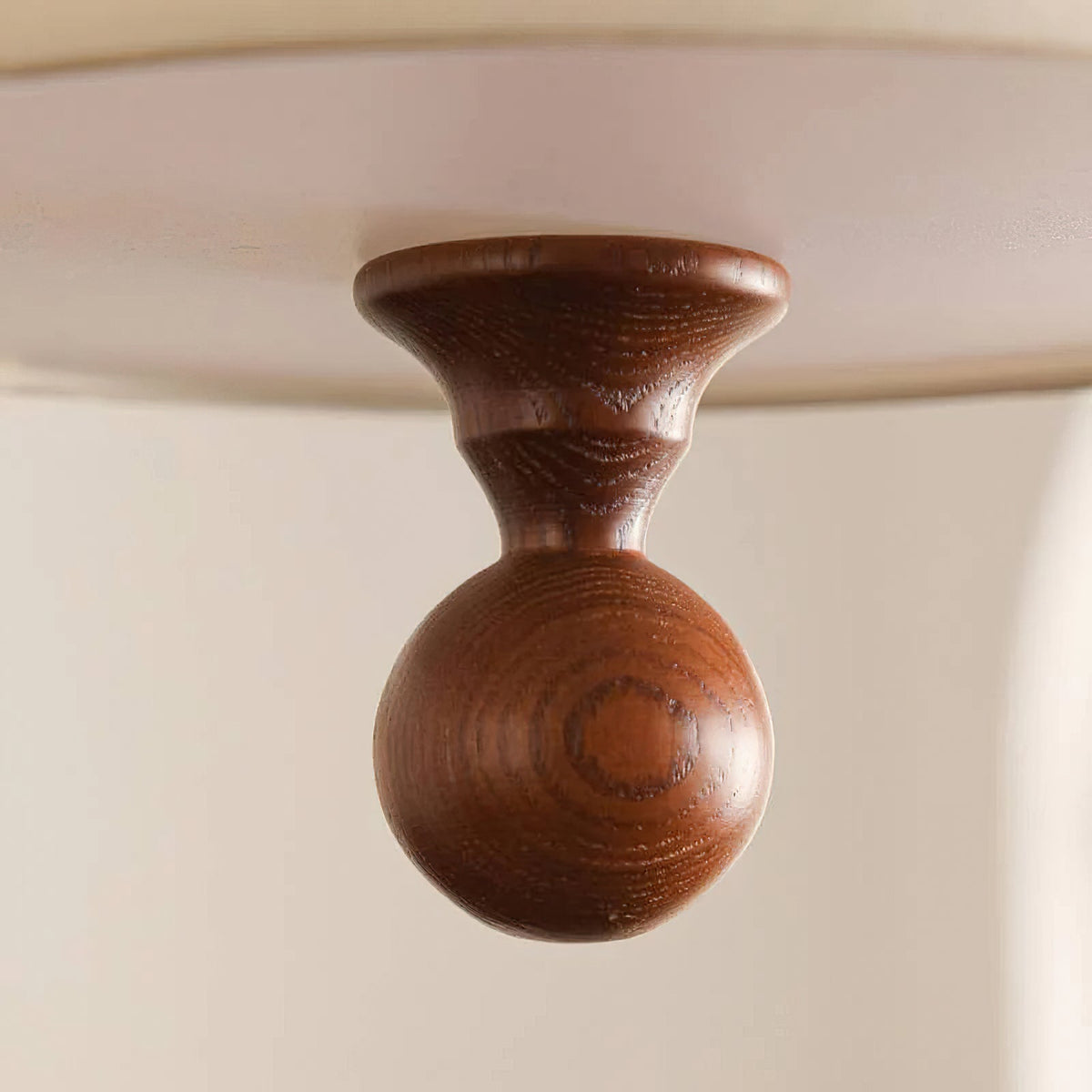 Detail shot of the walnut-colored wood accent on the ceiling lamp.