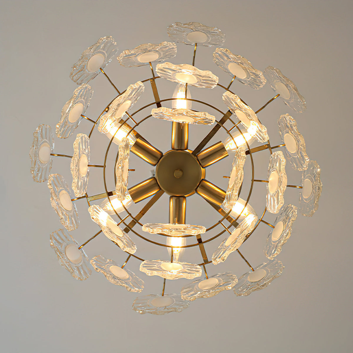 The layered effect of the scalloped glass panels on the Varvara Chandelier.