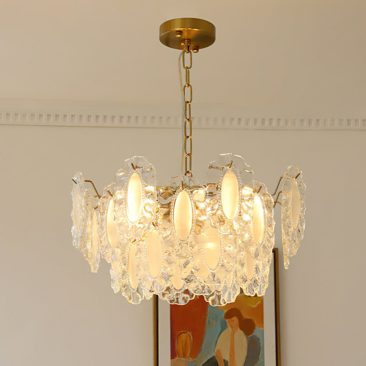 Varvara Glass Chandelier with its suspension chain and ceiling mount.