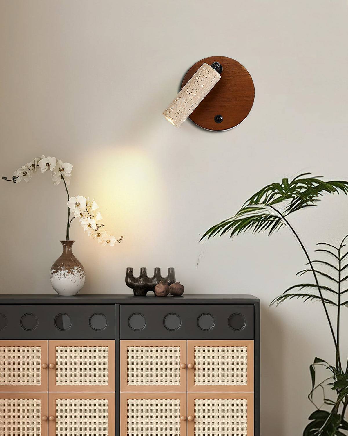 Veda Travertine Wall Lamp installed in a Japandi-style living room.