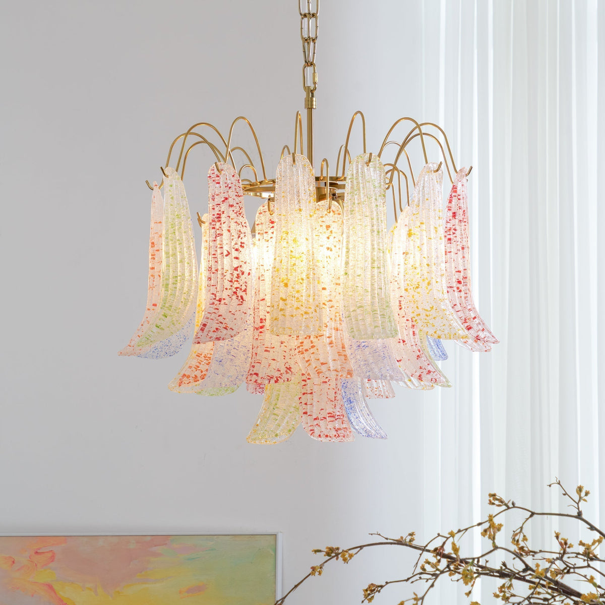 Chandelier Glass Petals Metal Frame Colorful Artistic Ambience-Neutral Decor
