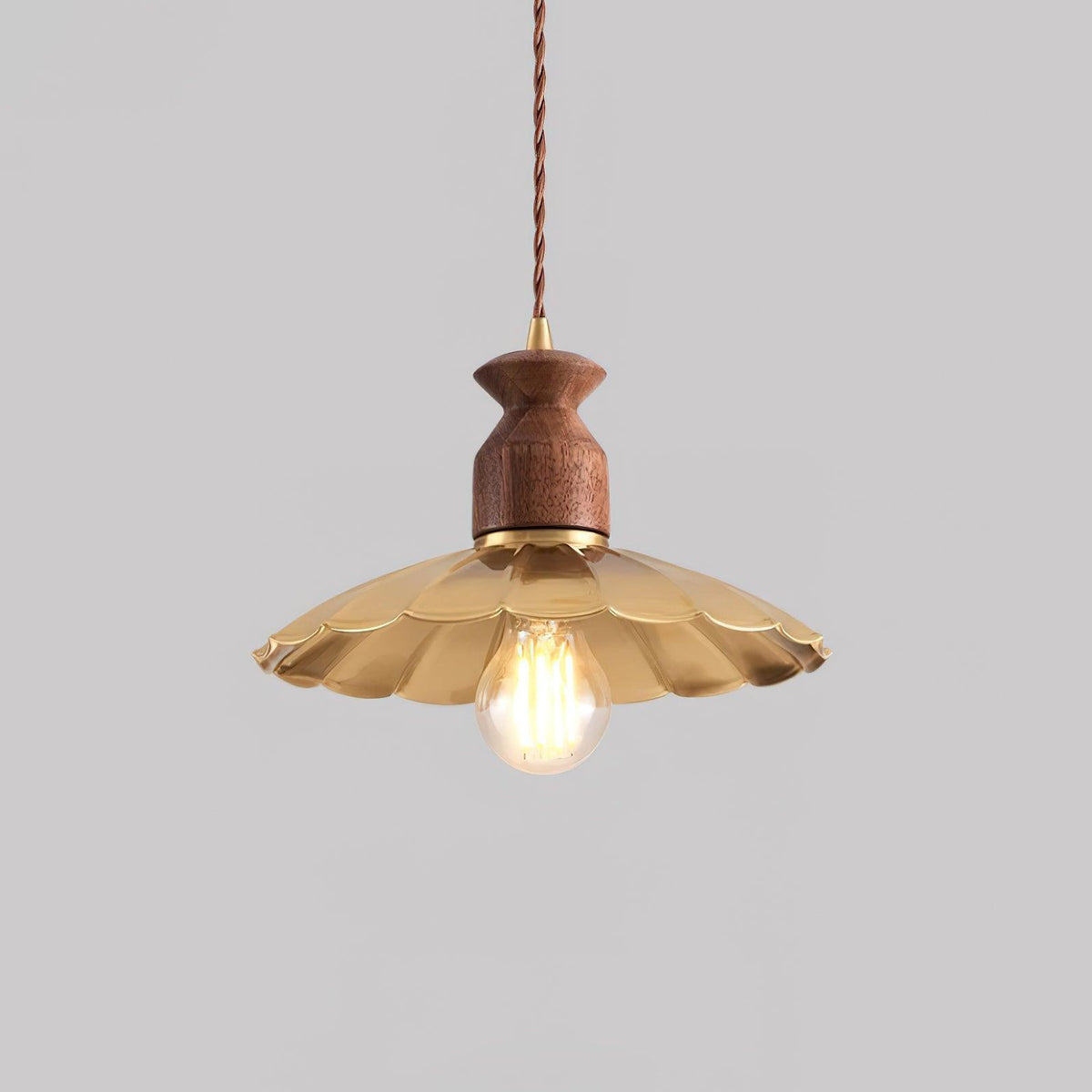 Pendant Lamp Scalloped Brass Shade Walnut Wood Vintage-Neutral Decor