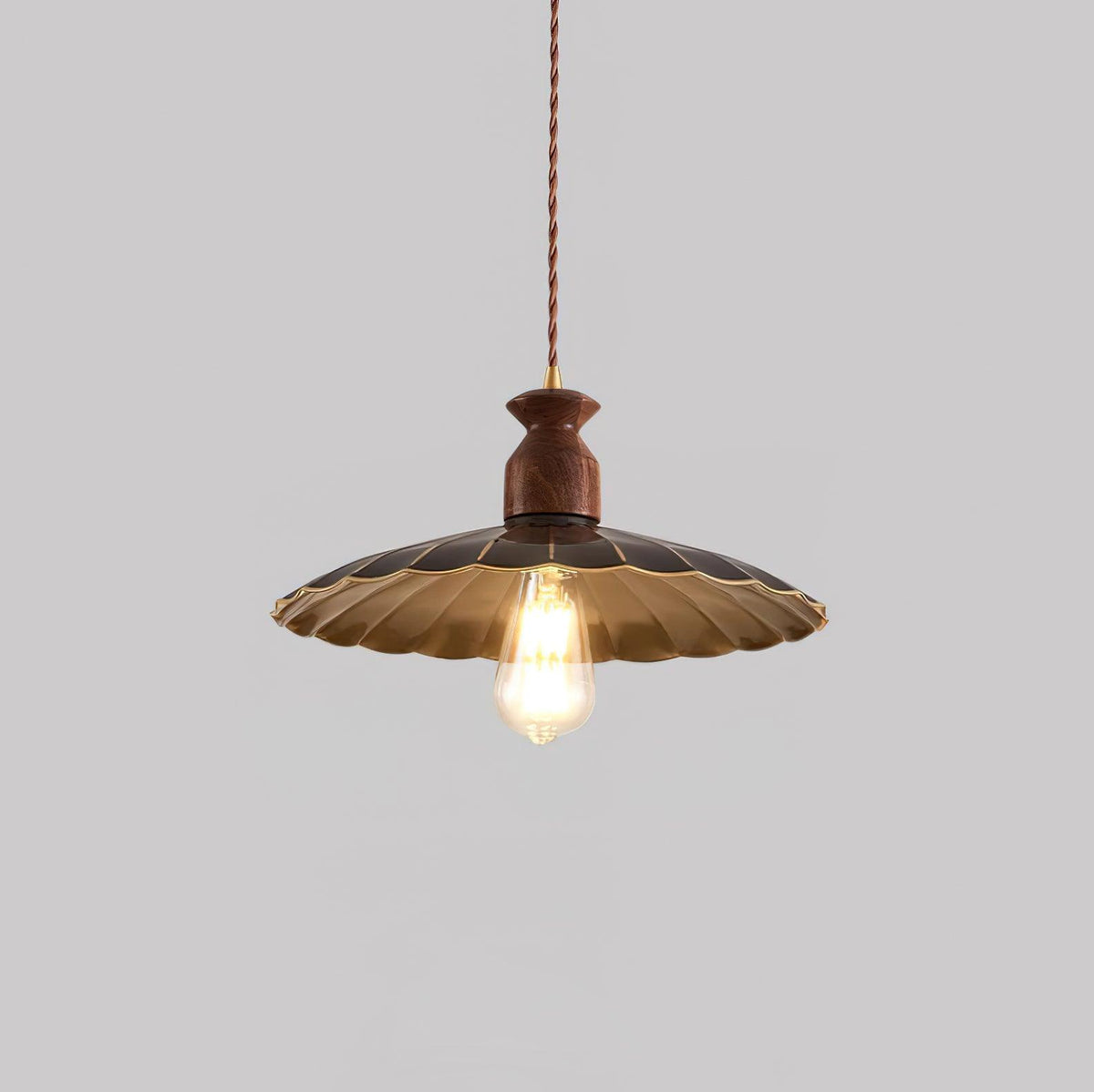 Pendant Lamp Scalloped Brass Shade Walnut Wood Vintage-Neutral Decor