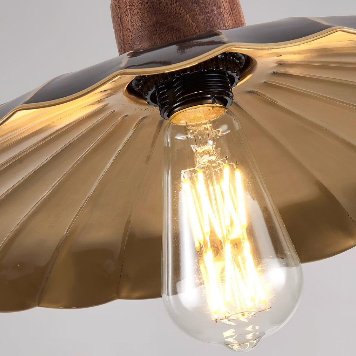 Pendant Lamp Scalloped Brass Shade Walnut Wood Vintage-Neutral Decor