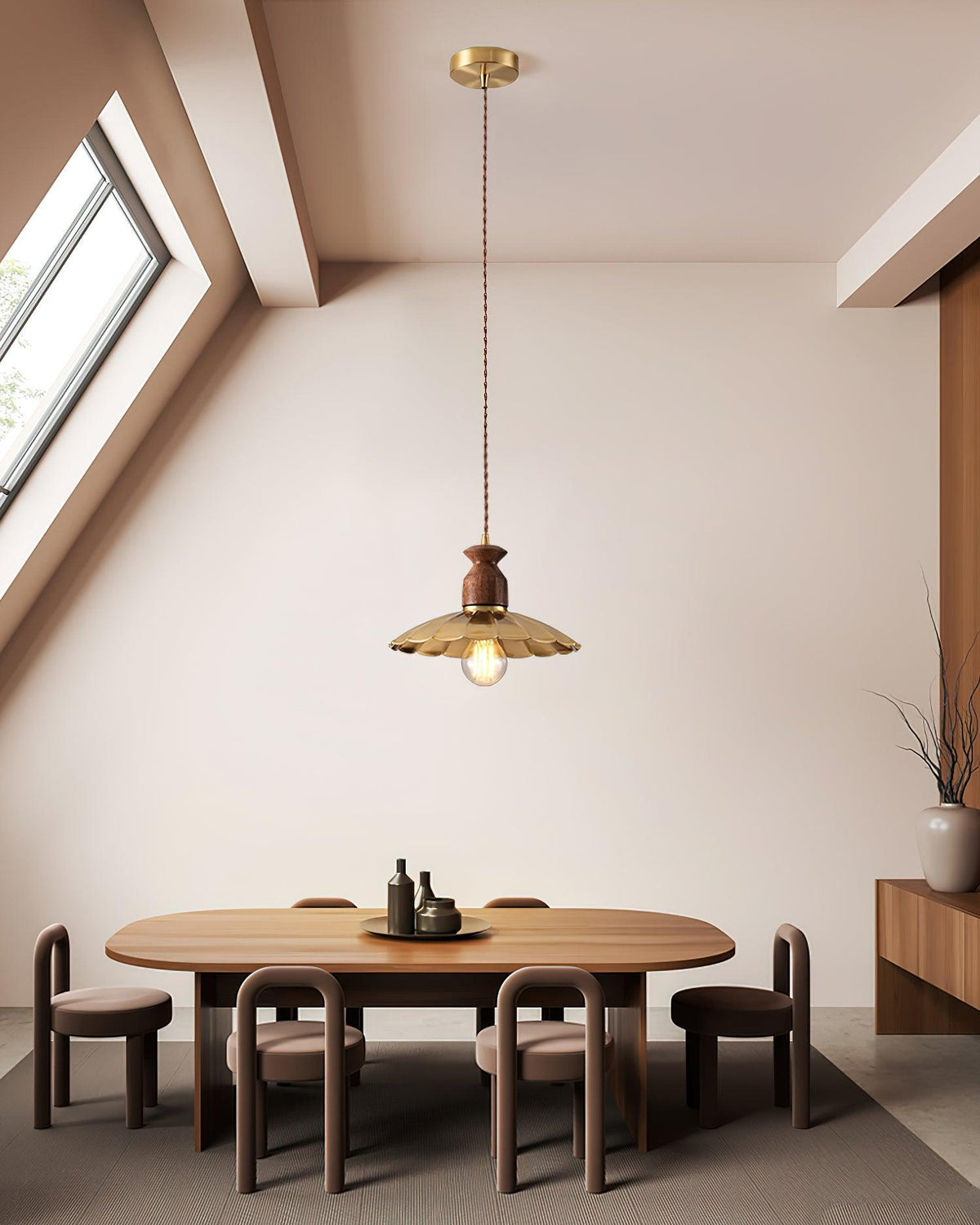 Pendant Lamp Scalloped Brass Shade Walnut Wood Vintage-Neutral Decor