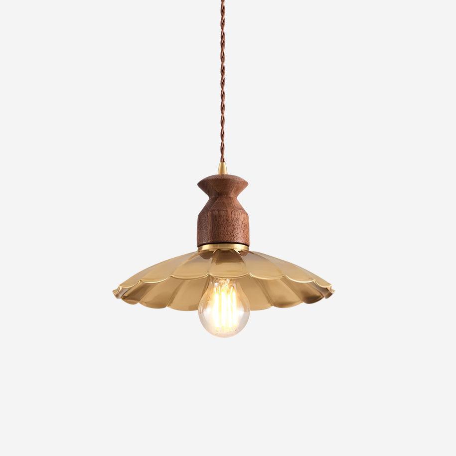 Pendant Lamp Scalloped Brass Shade Walnut Wood Vintage-Neutral Decor
